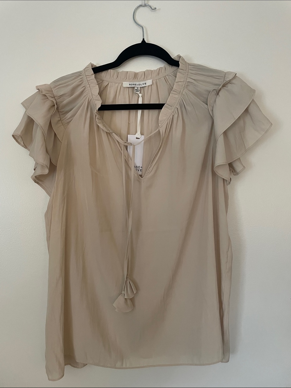 Rose & Olive Beige Tie-Neck Ruffle Sleeve Blouse